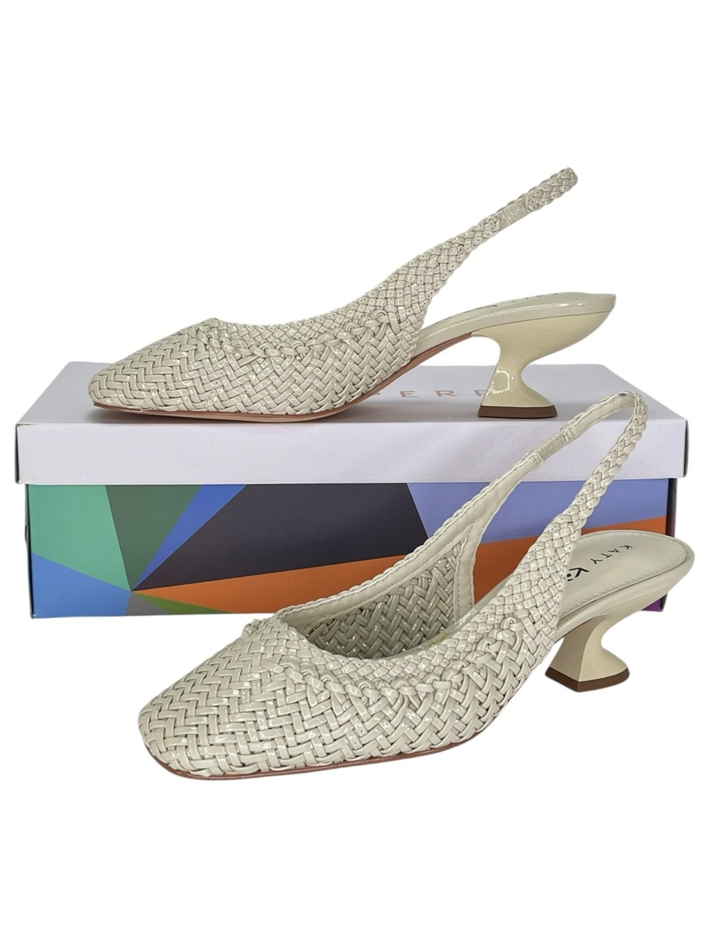 Katy Perry Laterr Cream Woven Faux Leather Slingback Womens Heels Size 8.5M